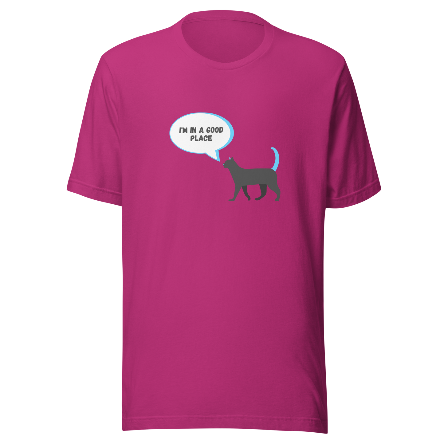 Unisex t-shirt with a gray cat and the inscription "I'm in a good place"