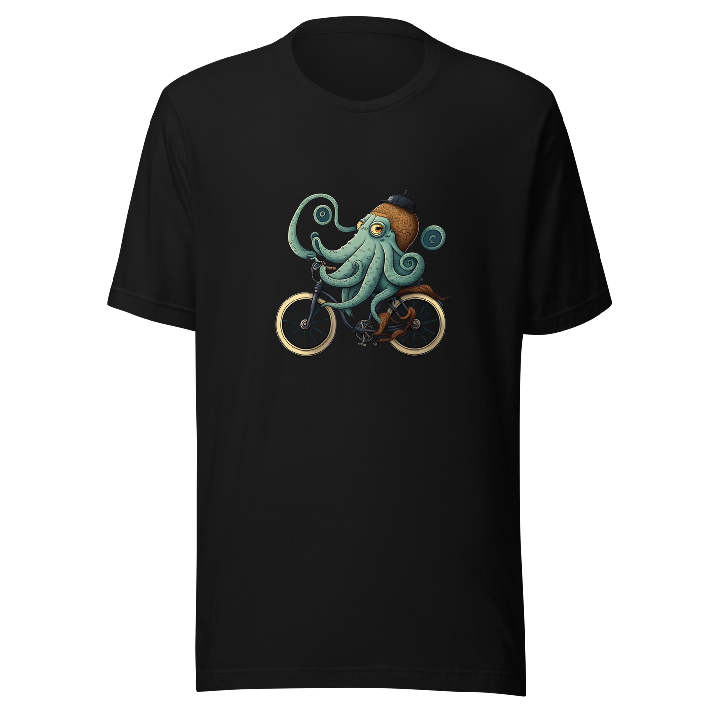 Unisex t-shirt with octopus on a bike