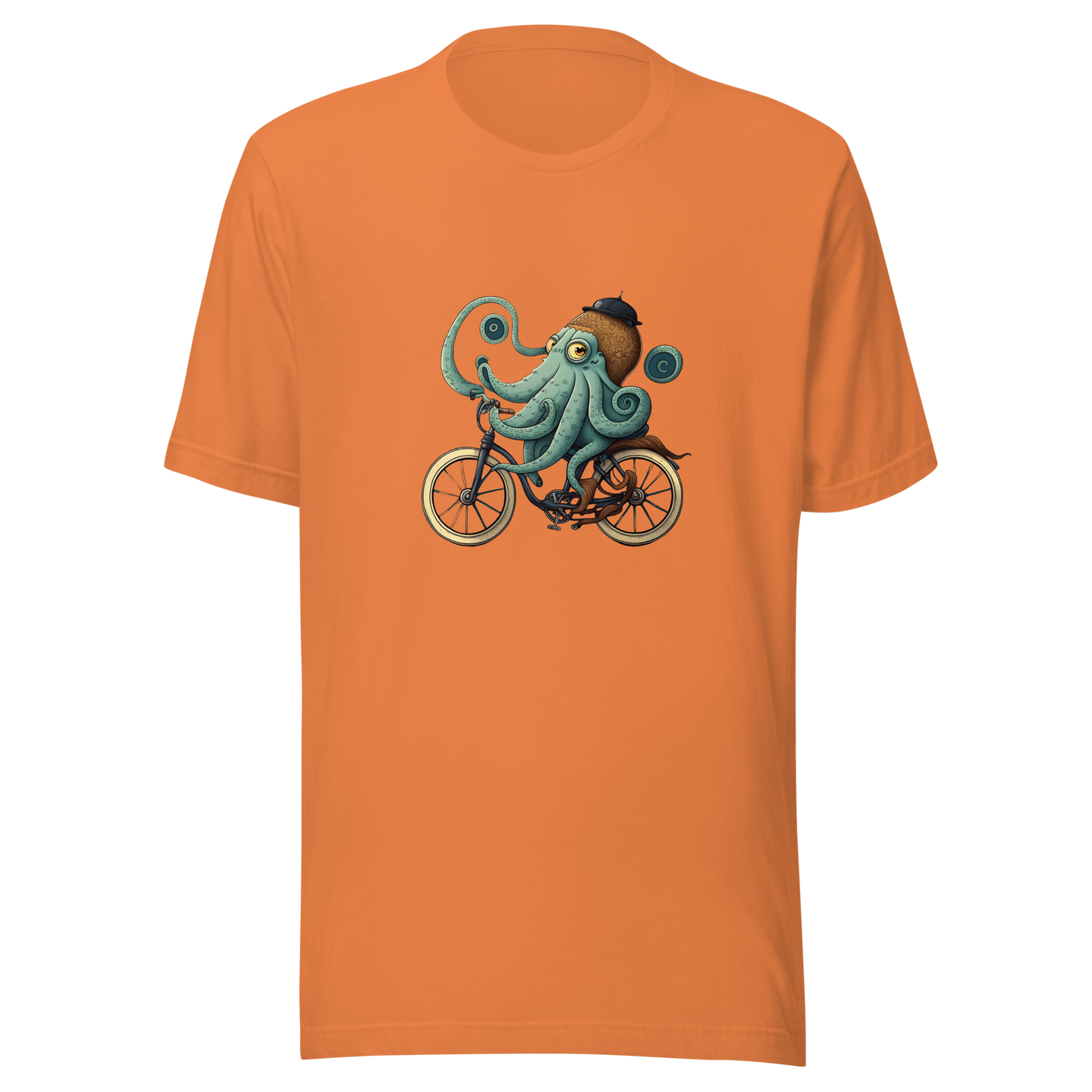 Unisex t-shirt with octopus on a bike