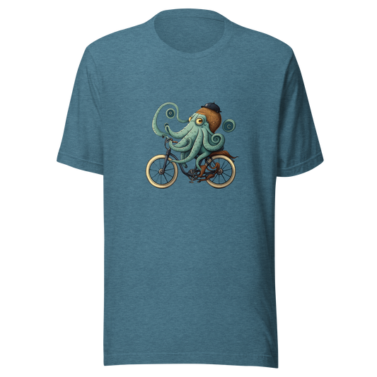 Unisex t-shirt with octopus on a bike