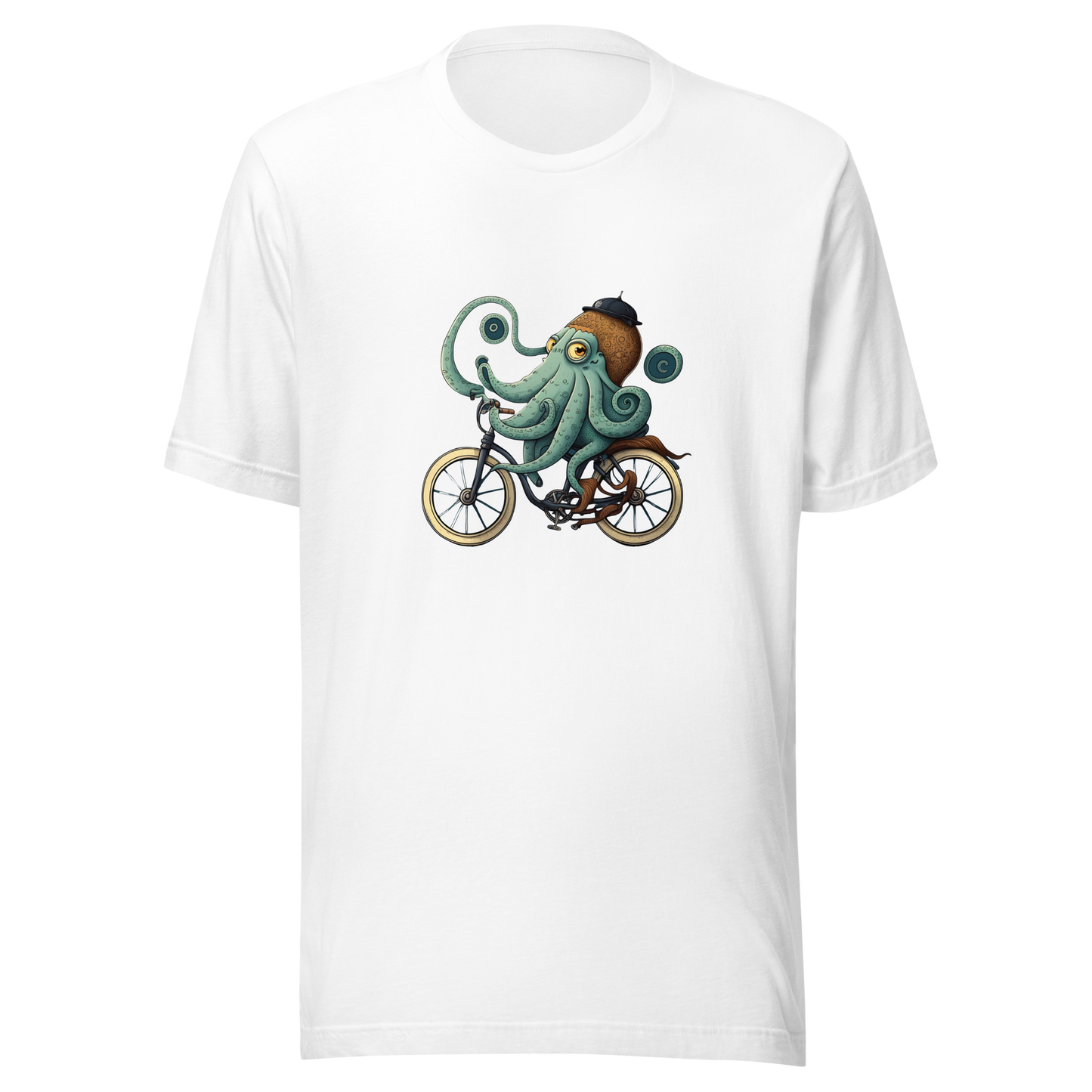 Unisex t-shirt with octopus on a bike