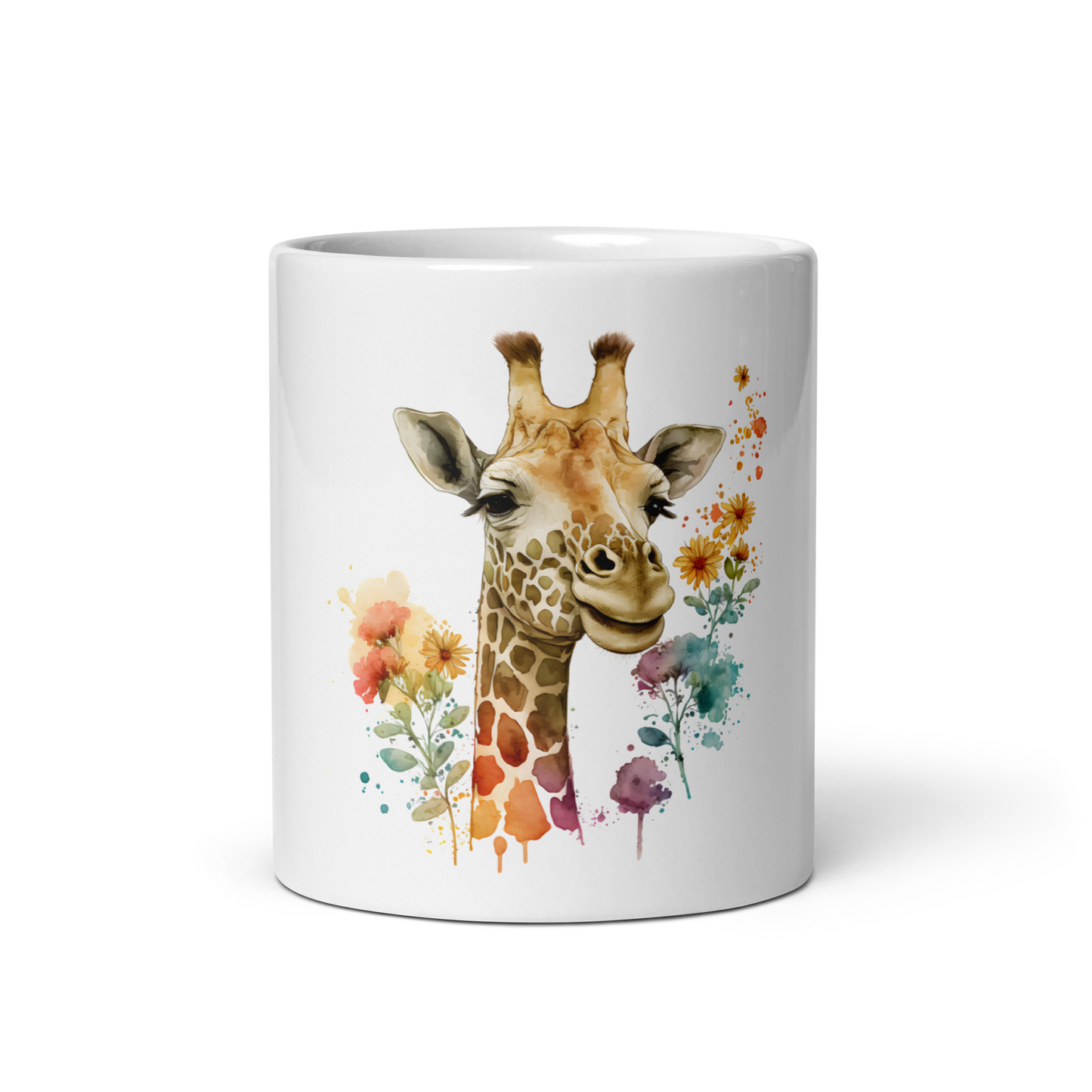 White glossy mug with giraffe