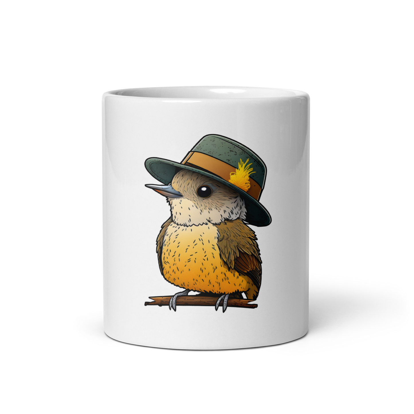 White glossy mug with a cute bird in a hat