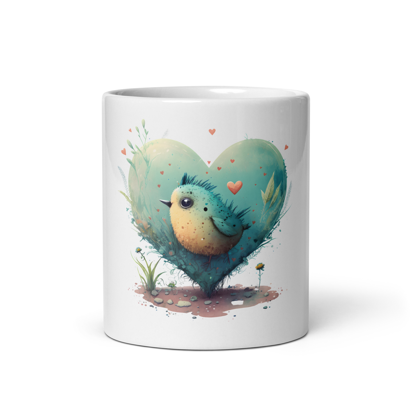 White glossy mug with cute bird in the heart