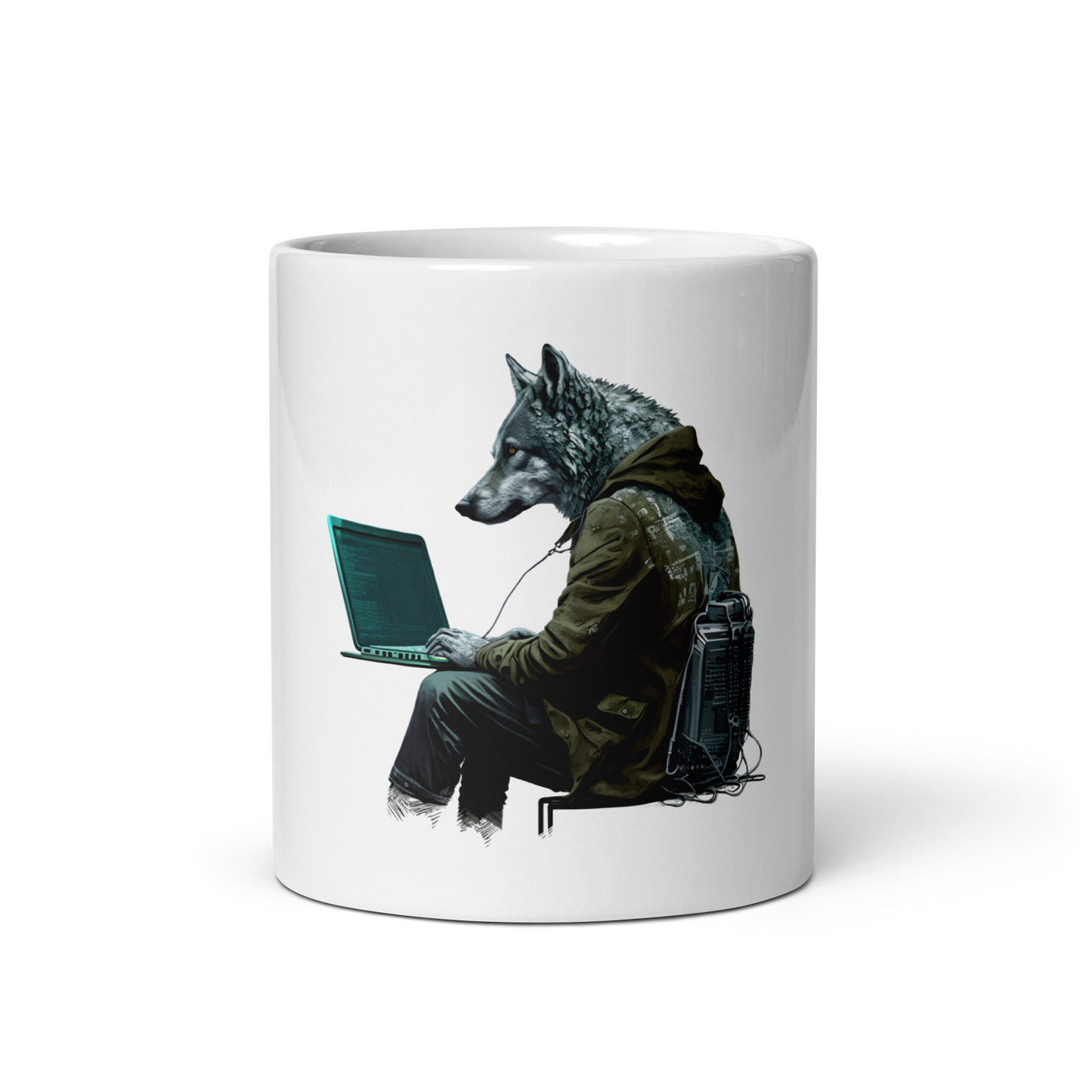 White glossy mug with wolf-programmer, hacker