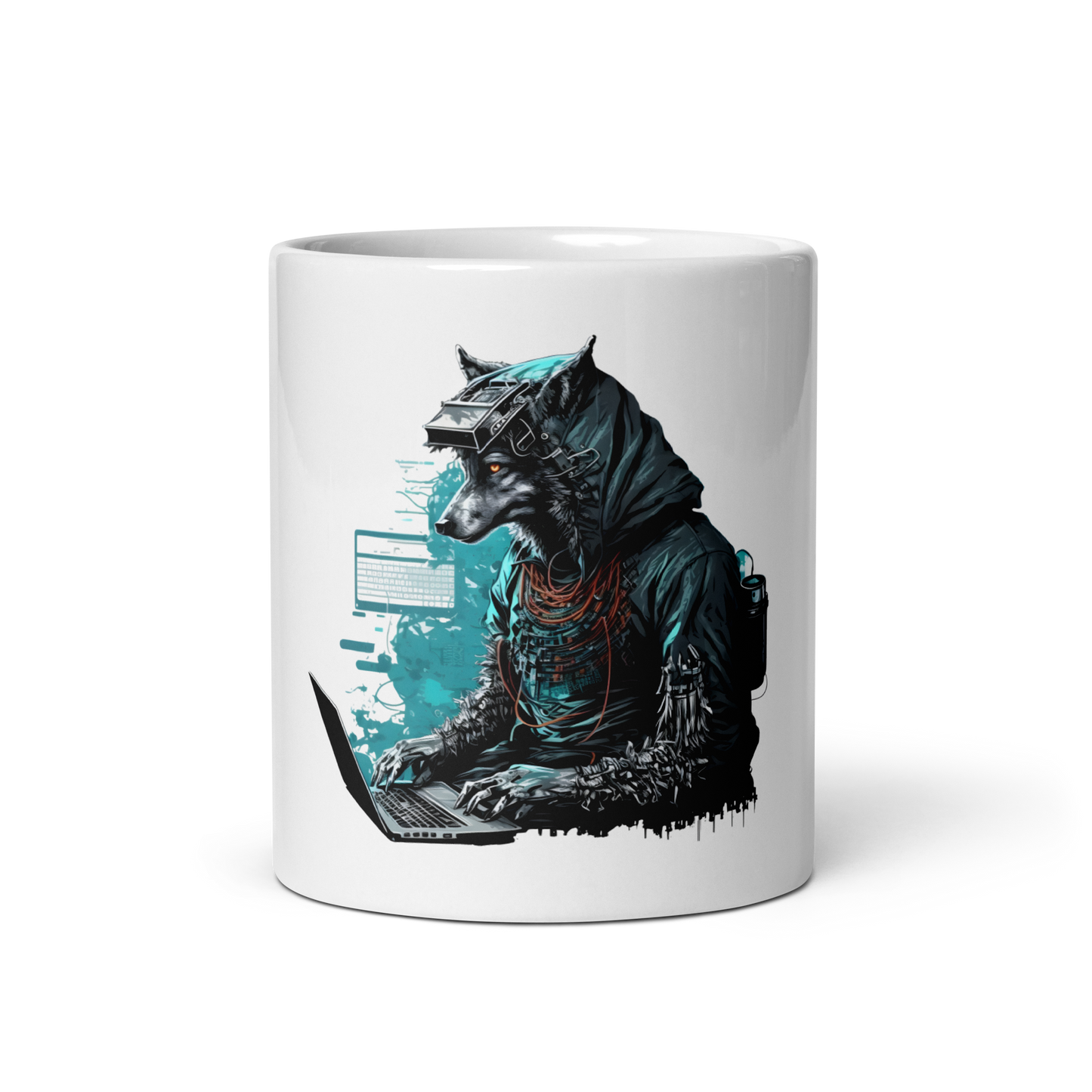 White glossy mug with wolf-hacker, programmer
