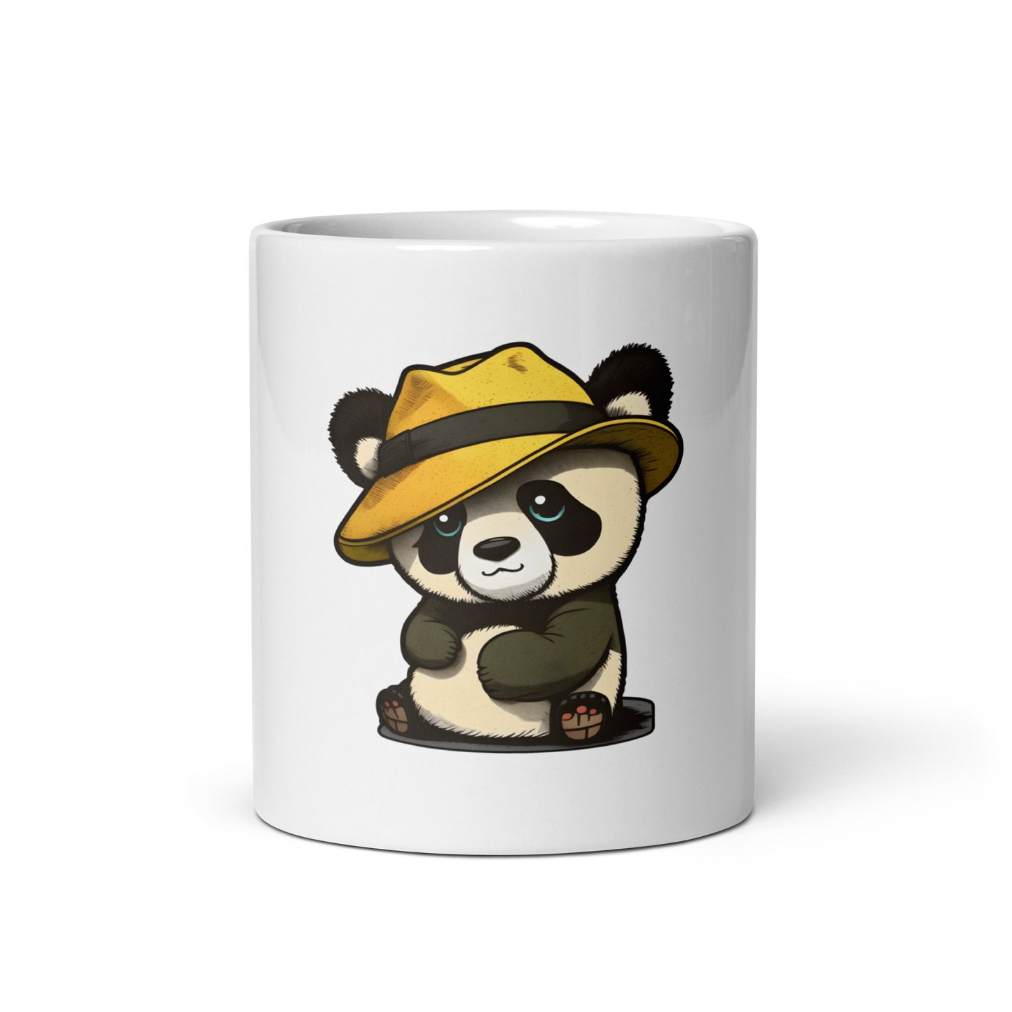 White glossy mug with cute panda in the hat