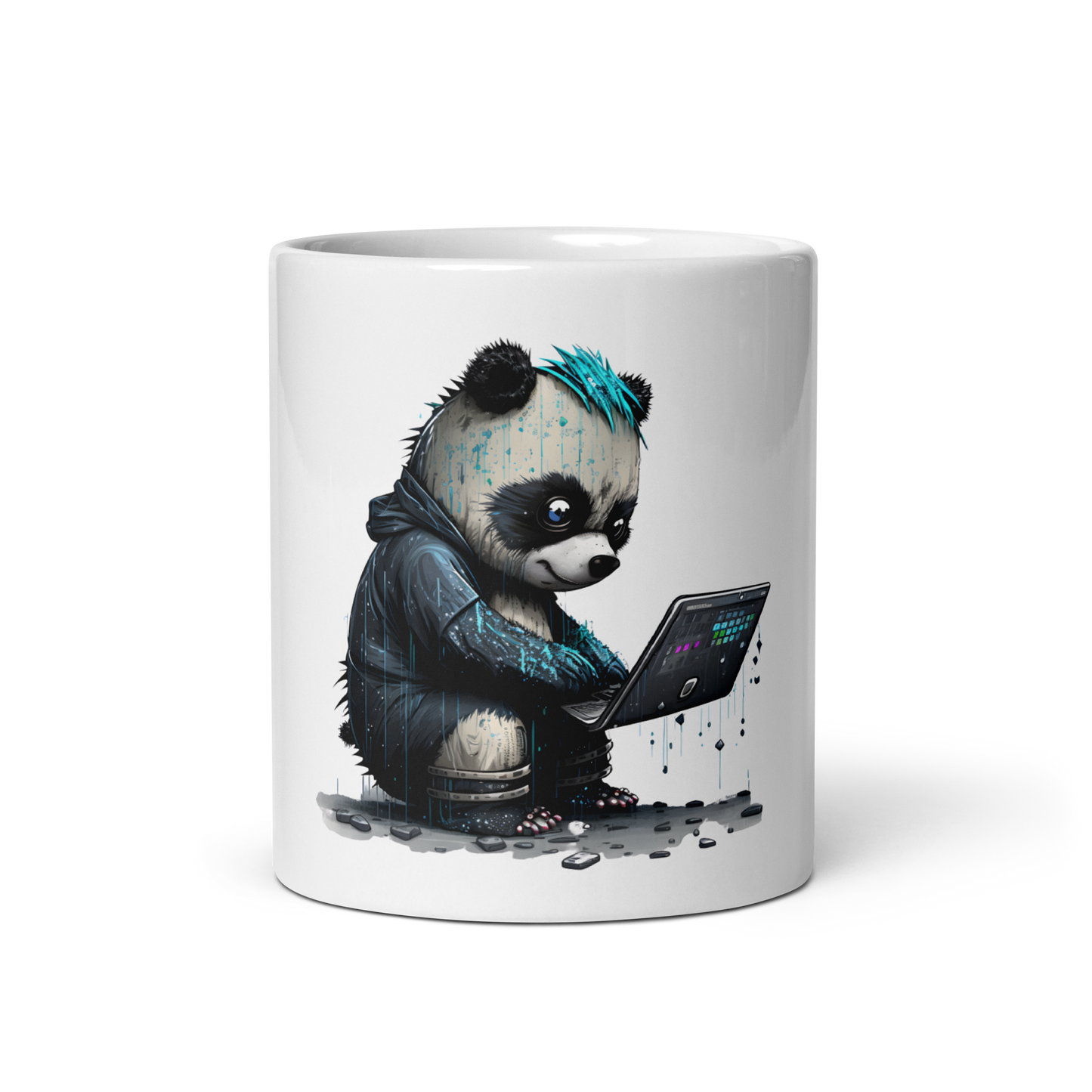 White glossy mug with panda-programmer, coder
