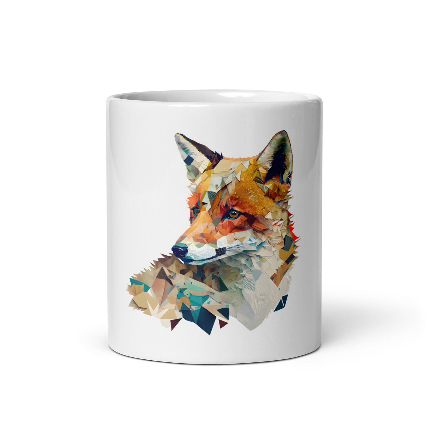 White glossy mug with fox in patchwork style