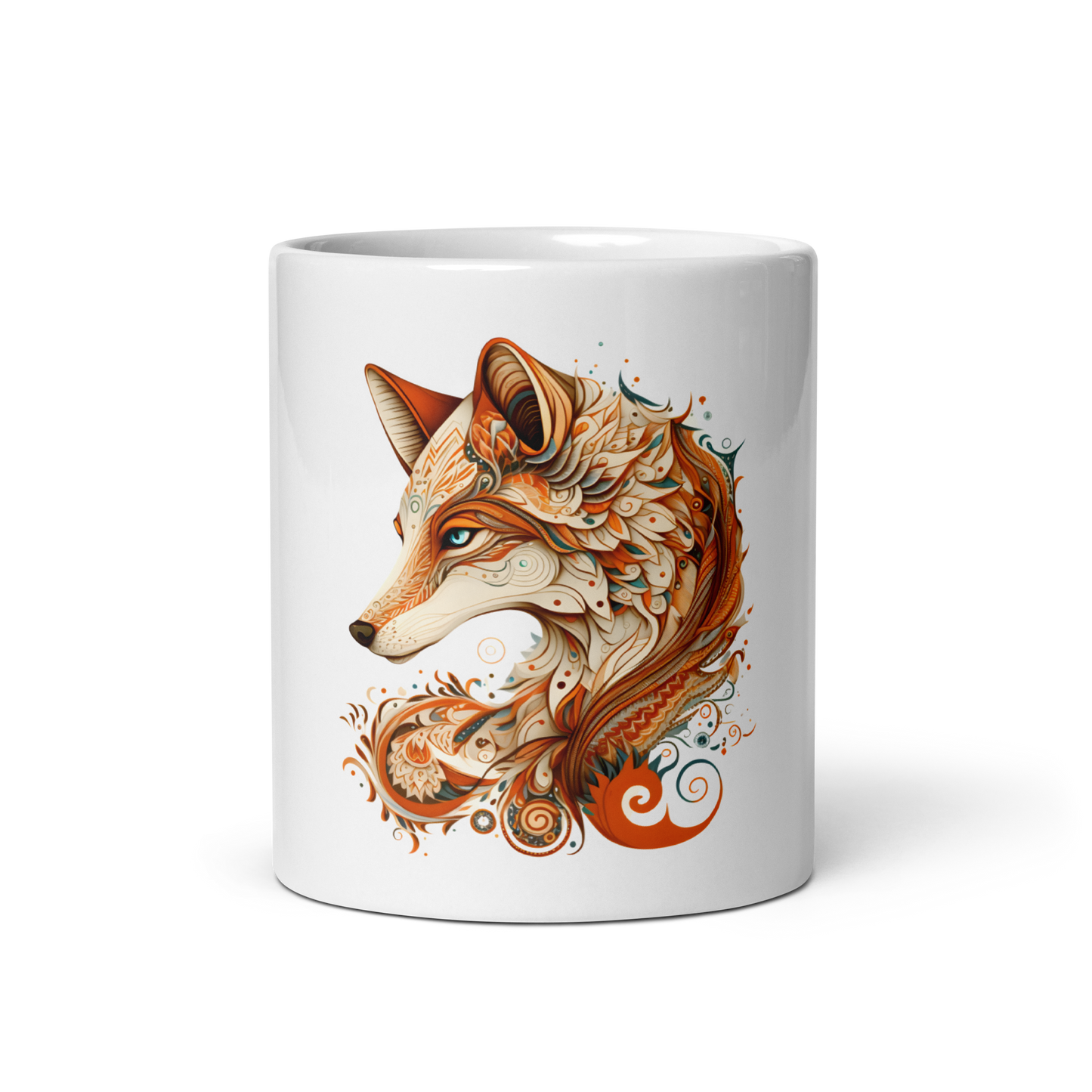 White glossy mug, fox print