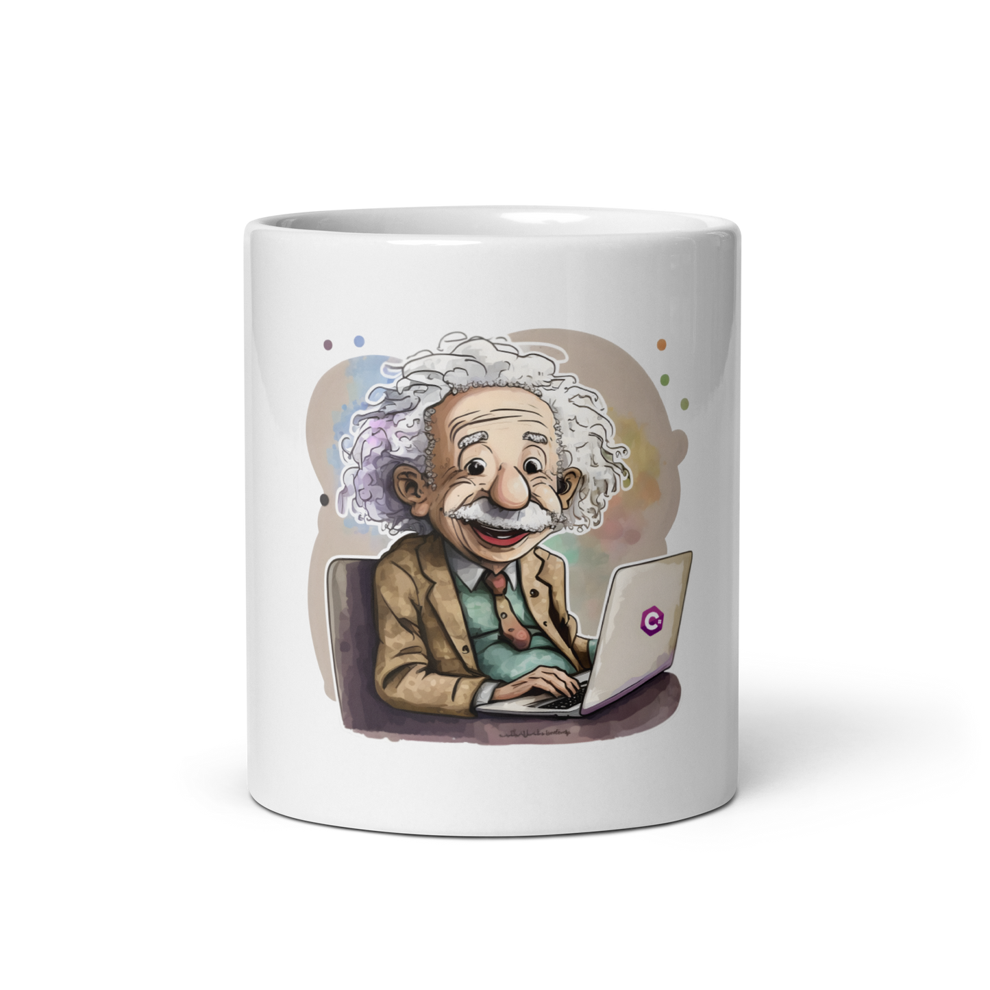 White glossy mug with happy Einstein-programmer