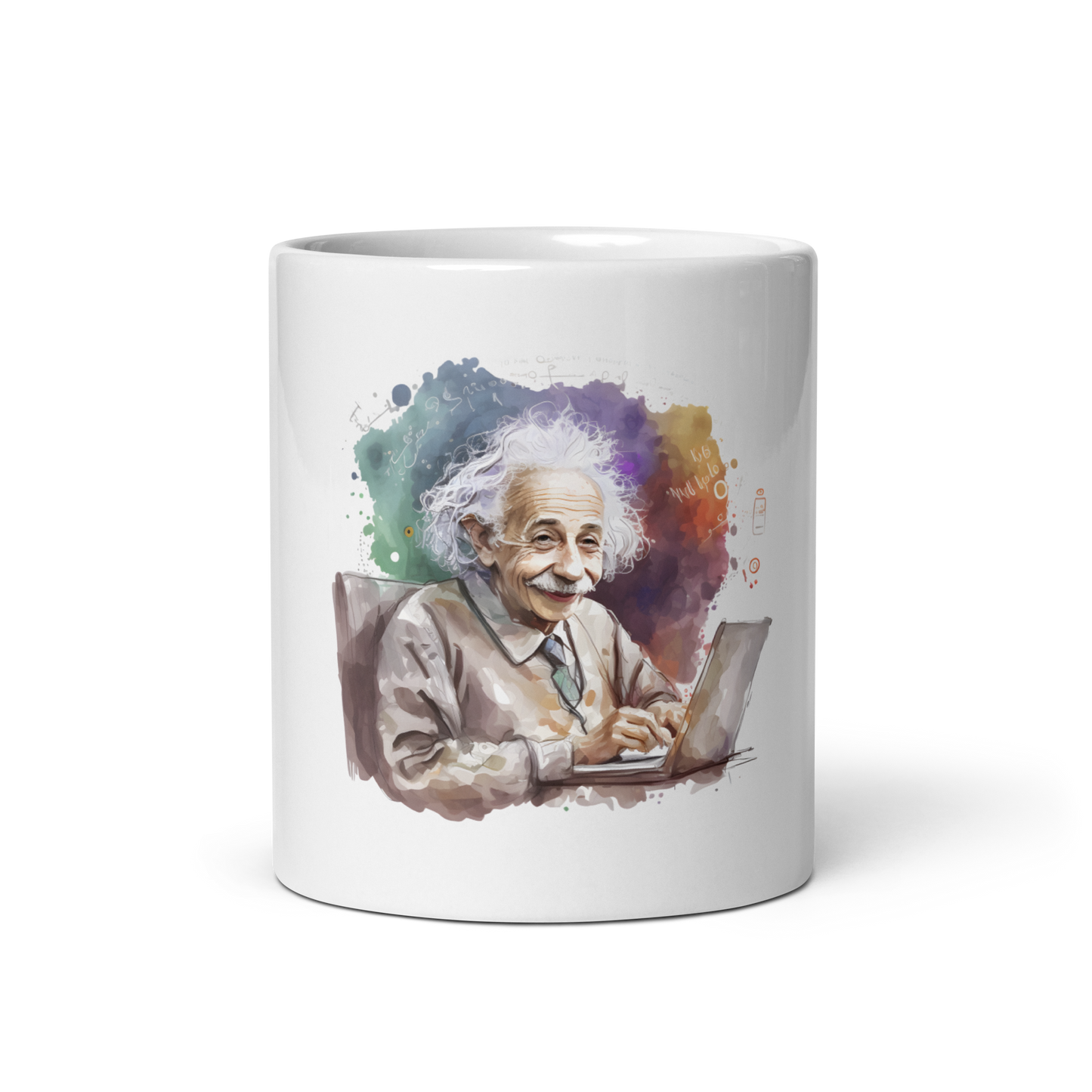 White glossy mug with happy Einstein-programmer