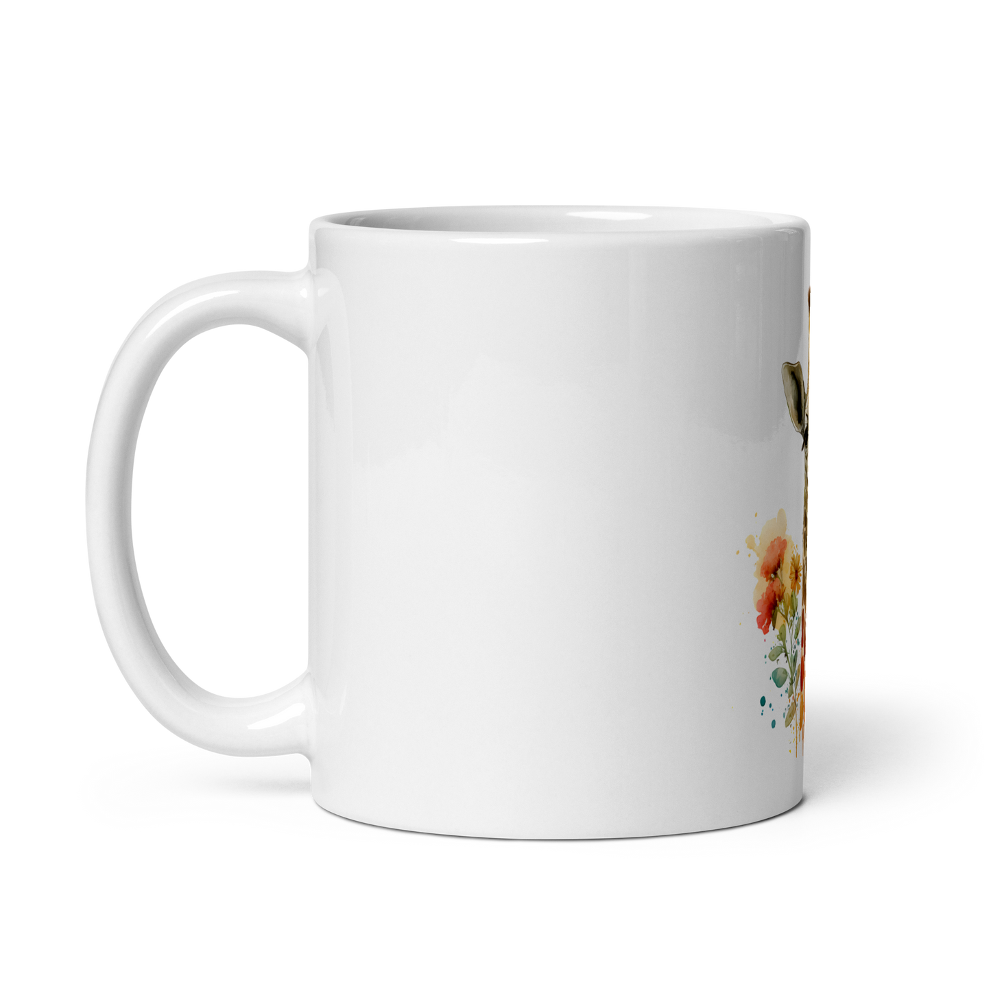 White glossy mug with giraffe