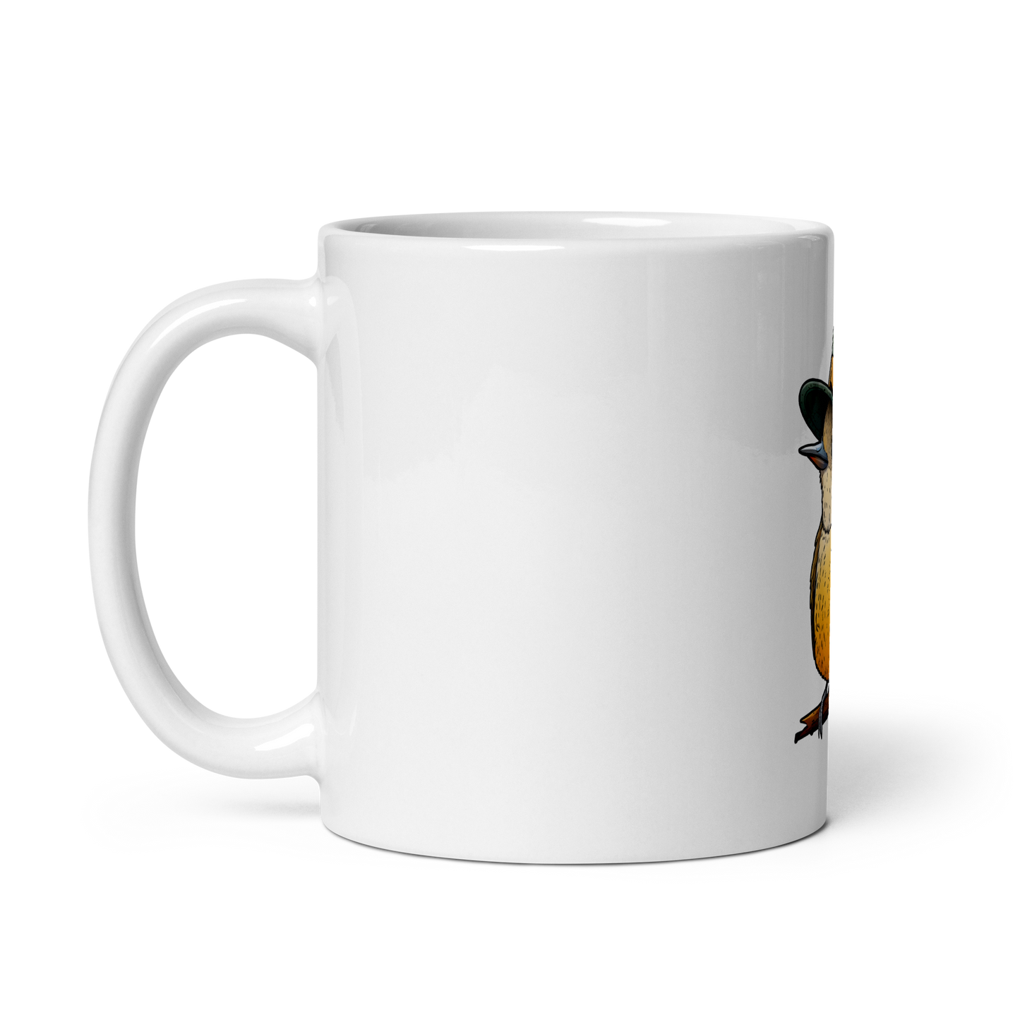 White glossy mug with a cute bird in a hat
