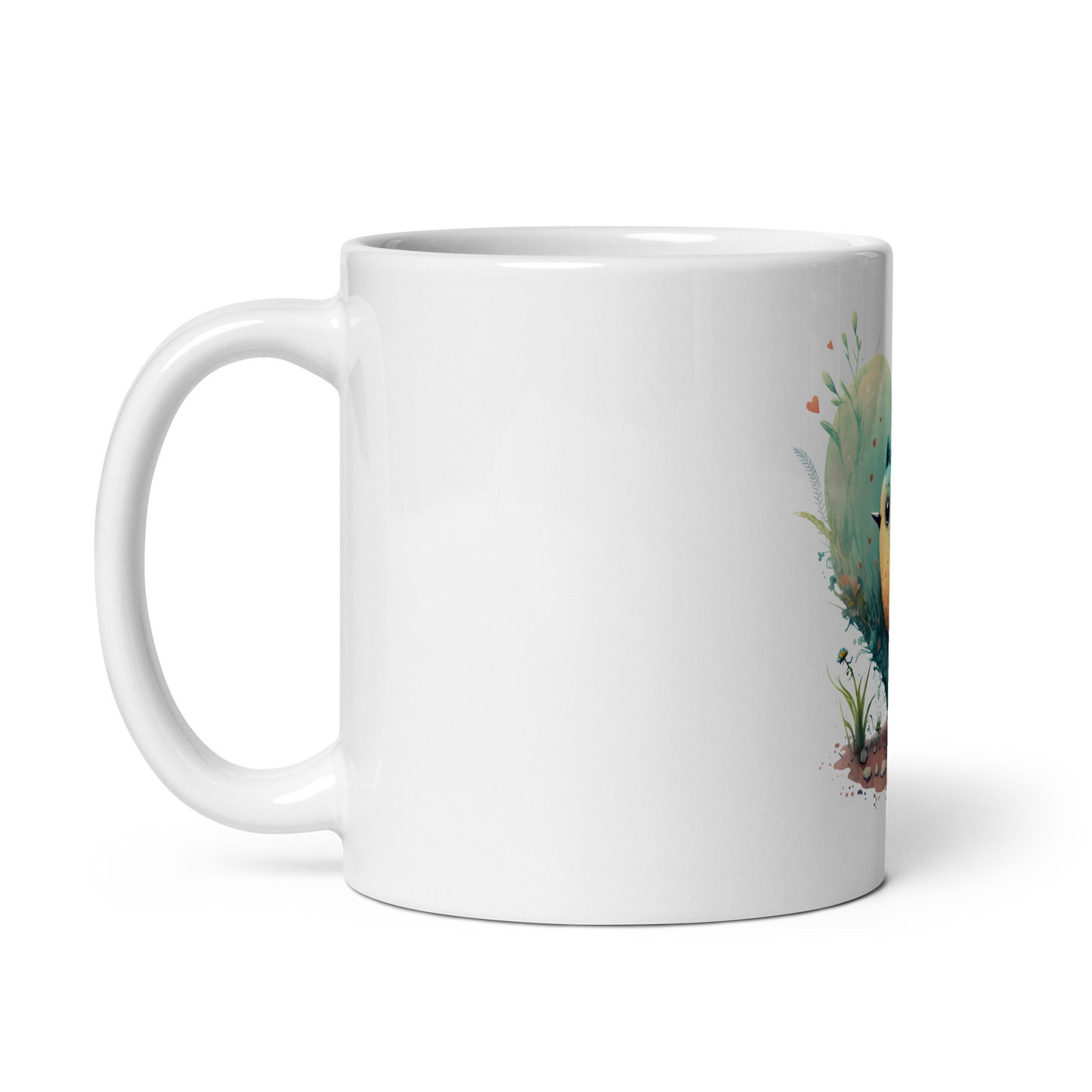 White glossy mug with cute bird in the heart