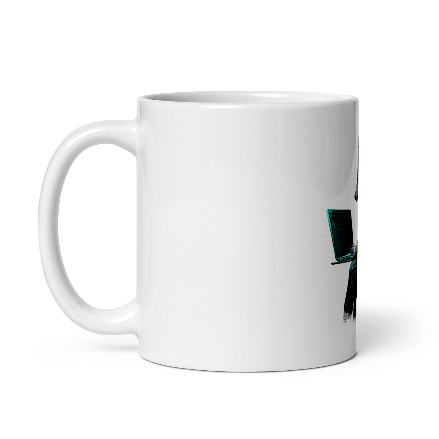 White glossy mug with wolf-programmer, hacker