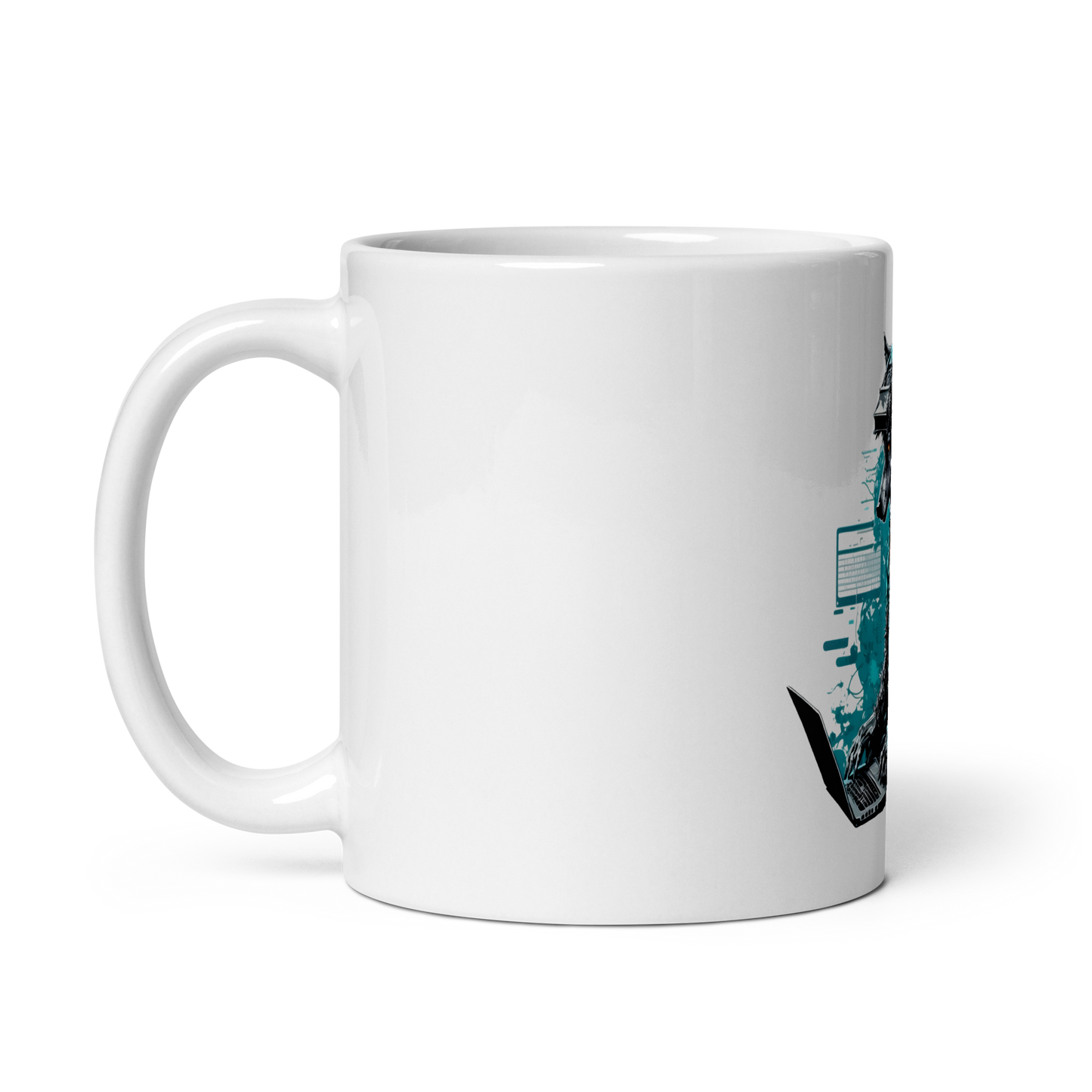 White glossy mug with wolf-hacker, programmer