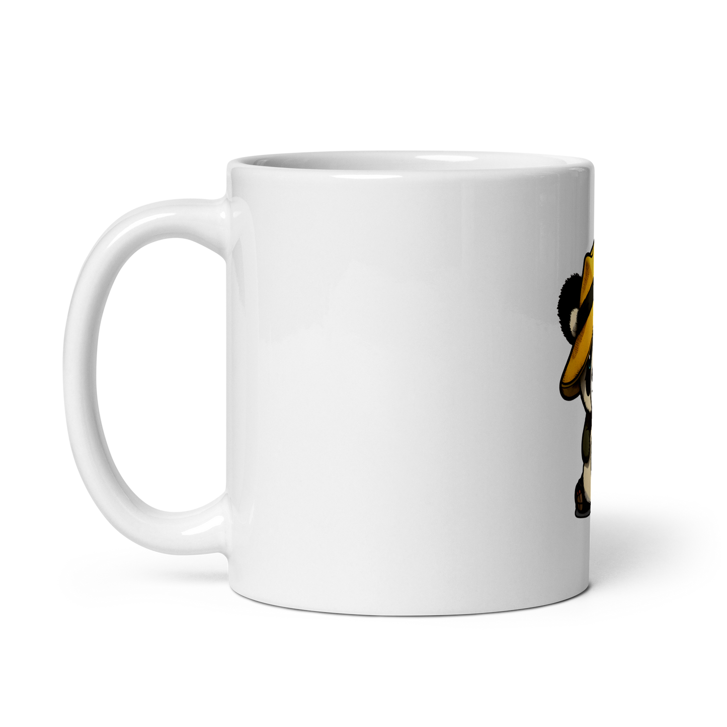 White glossy mug with cute panda in the hat