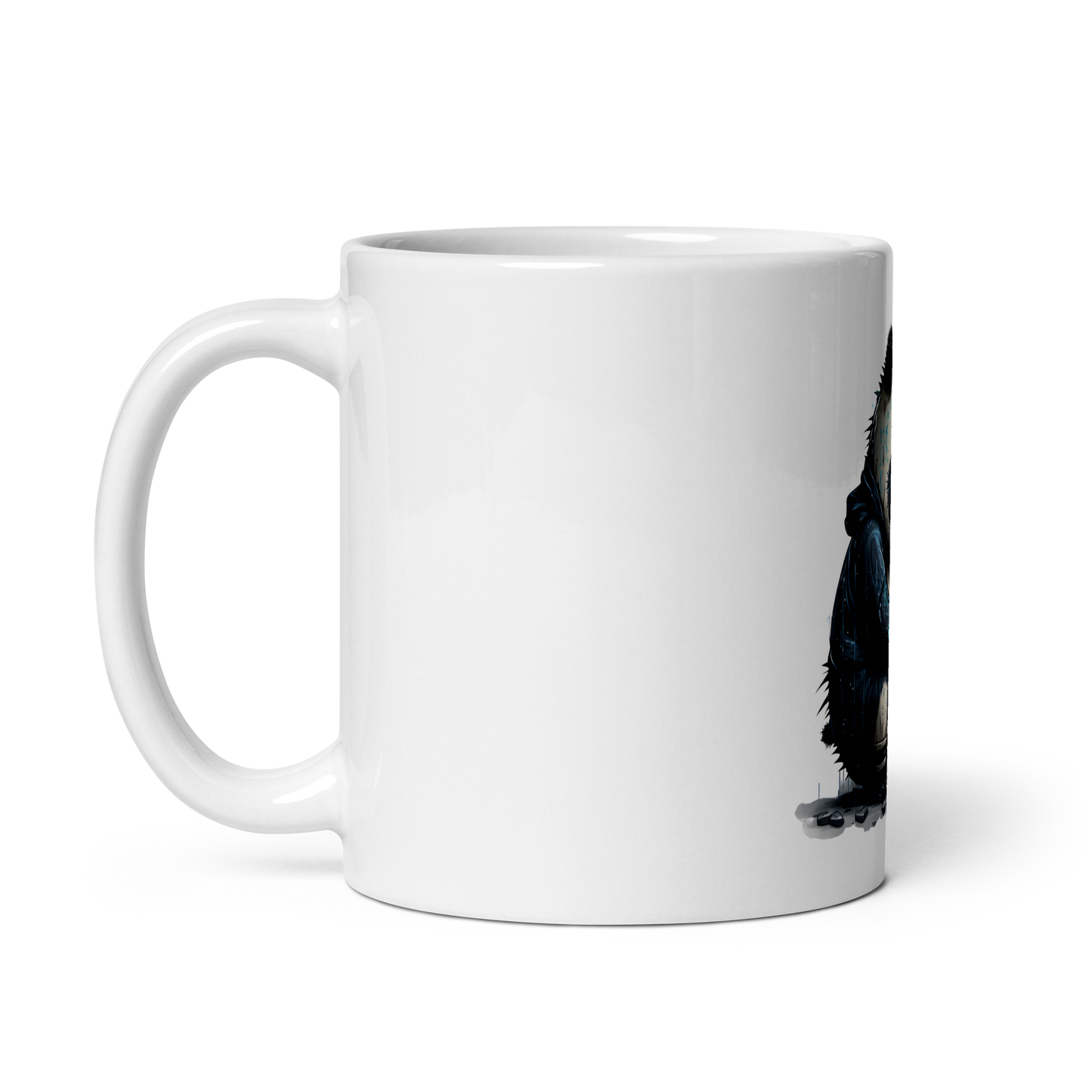 White glossy mug with panda-programmer, coder