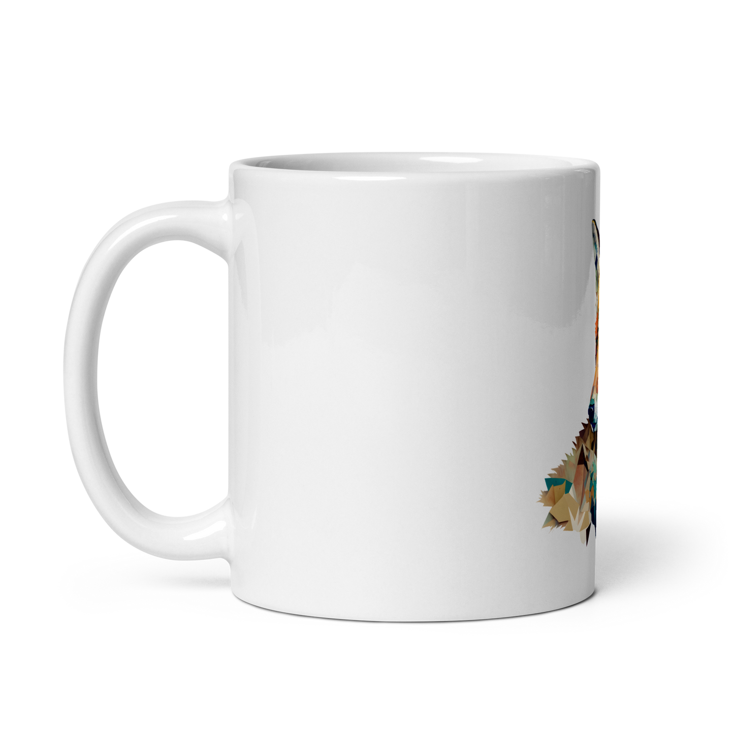 White glossy mug with fox in patchwork style