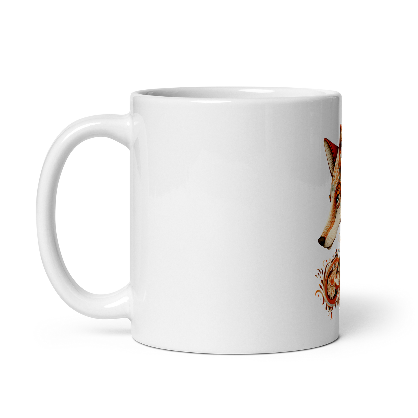 White glossy mug, fox print