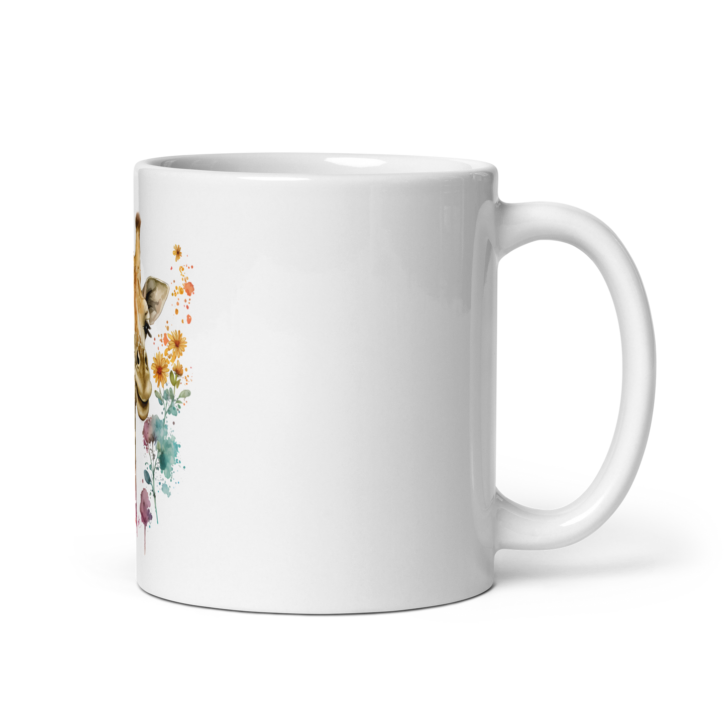 White glossy mug with giraffe