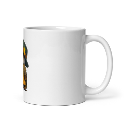 White glossy mug with a cute bird in a hat - Radiant Art of Radiant Group
