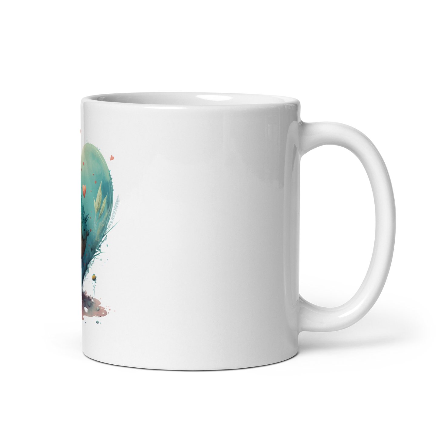 White glossy mug with cute bird in the heart