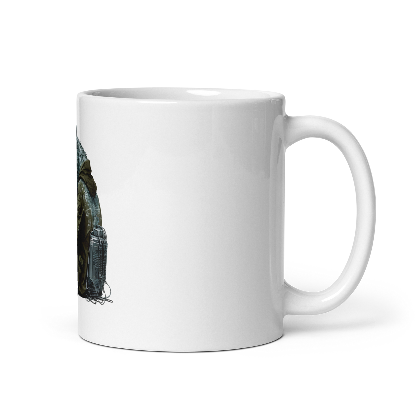 White glossy mug with wolf-programmer, hacker