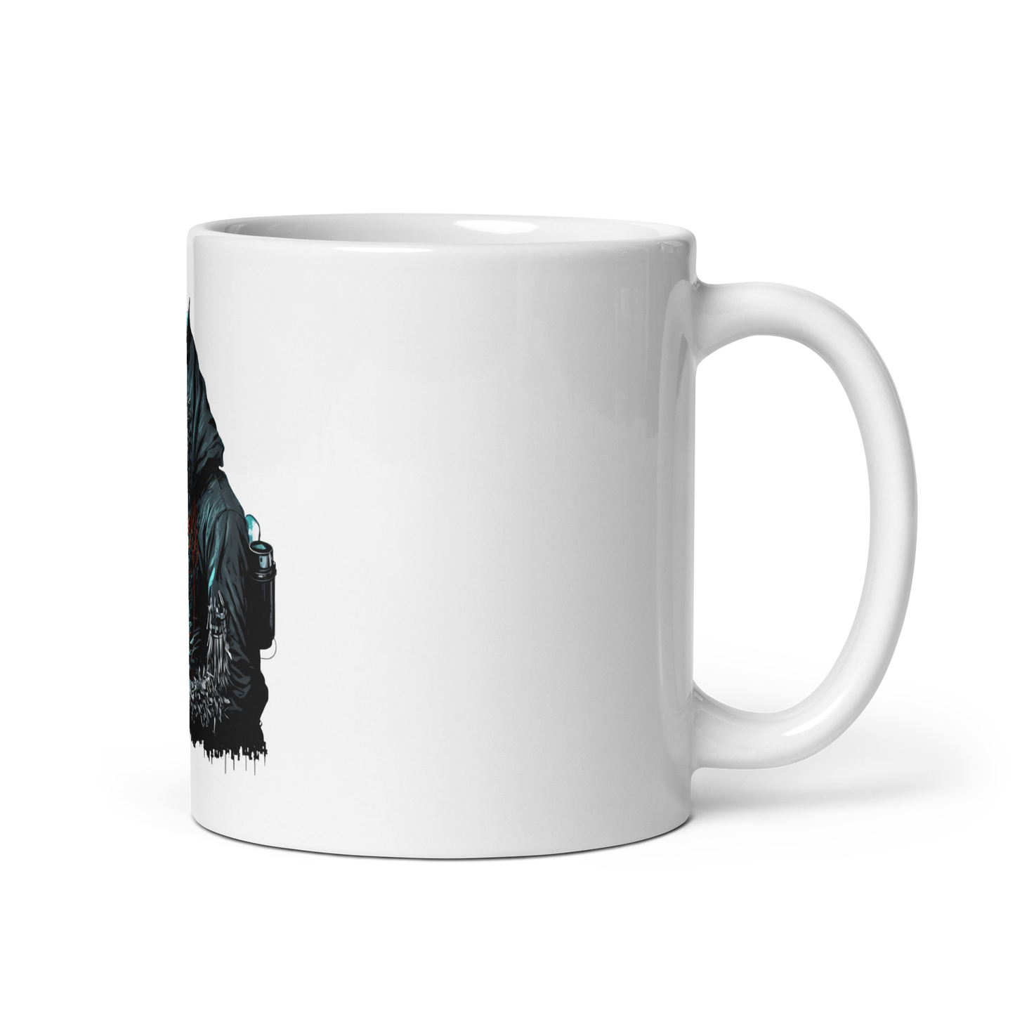 White glossy mug with wolf-hacker, programmer
