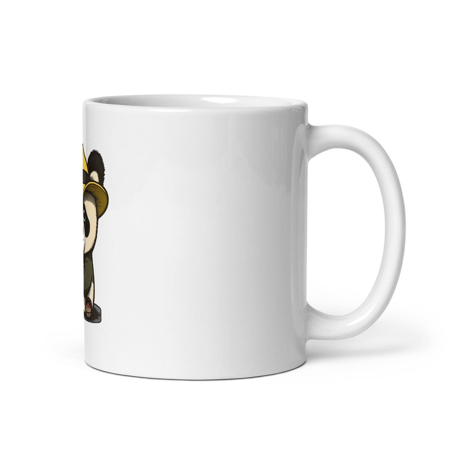 White glossy mug with cute panda in the hat