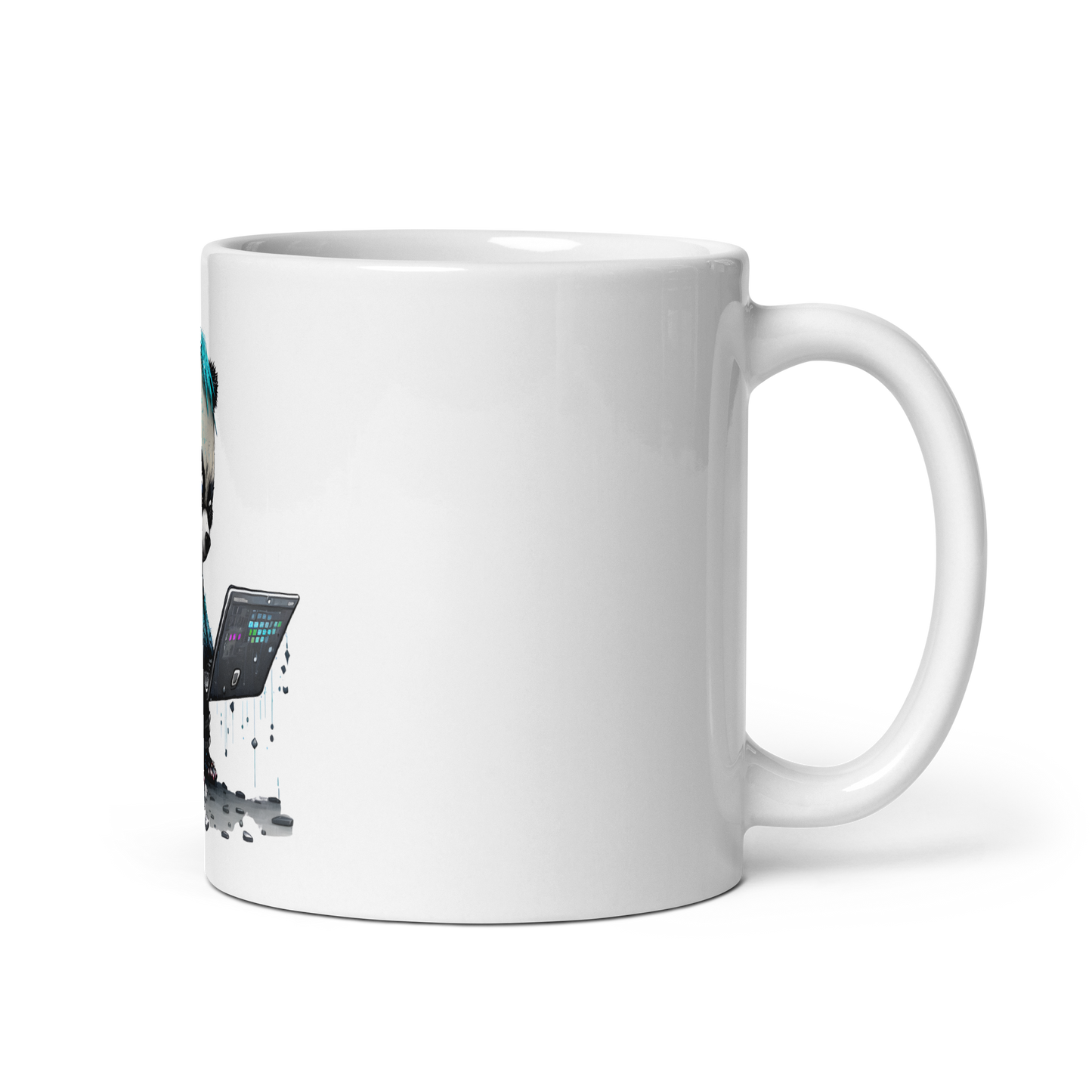 White glossy mug with panda-programmer, coder