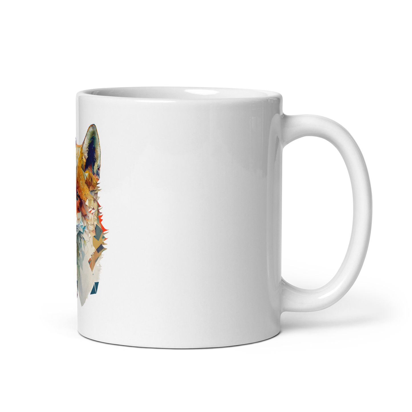 White glossy mug with fox in patchwork style