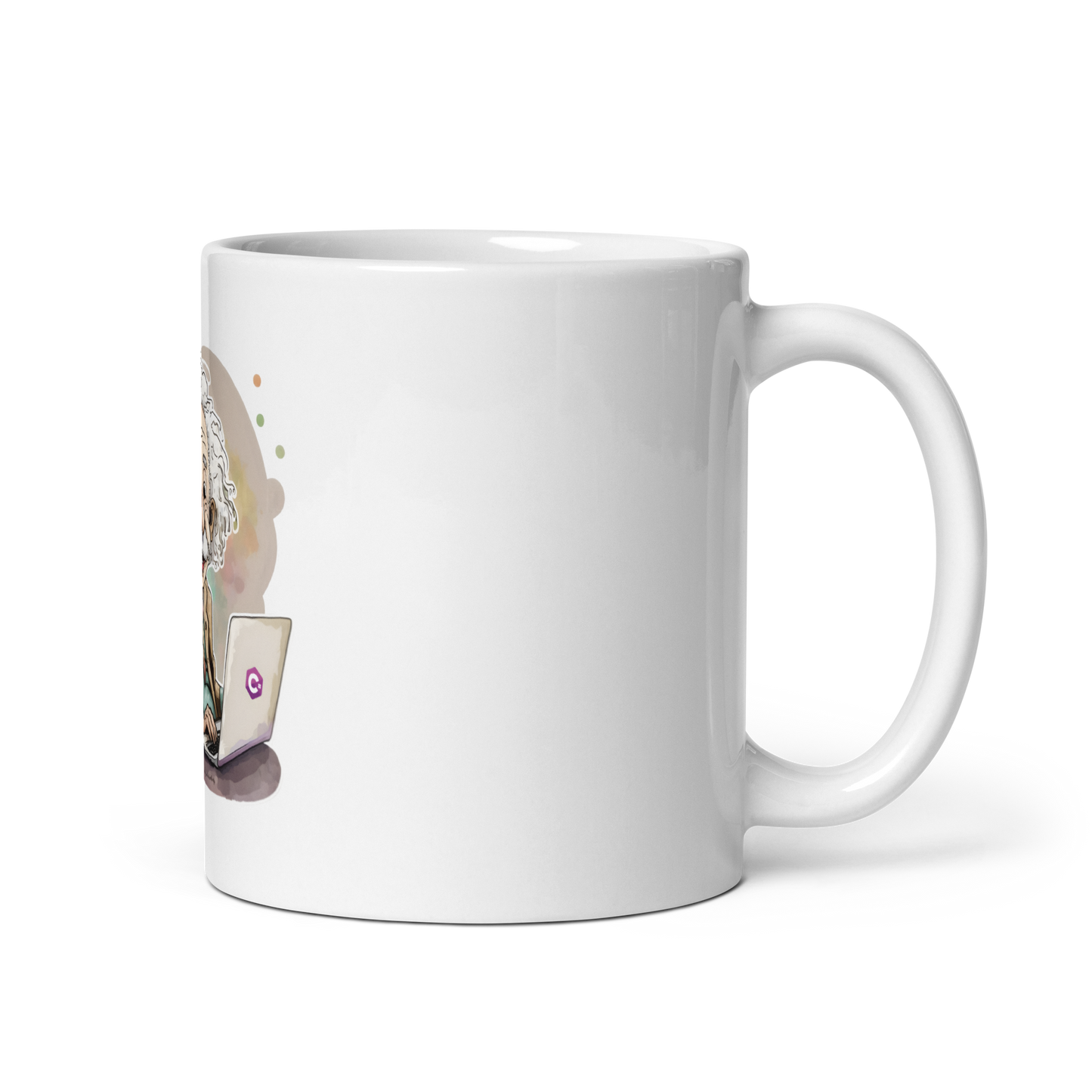 White glossy mug with happy Einstein-programmer