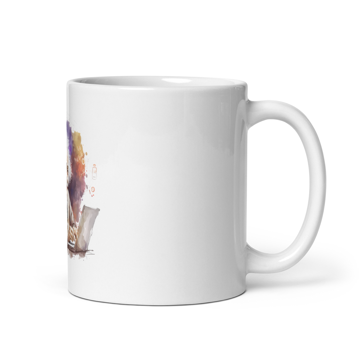 White glossy mug with happy Einstein-programmer