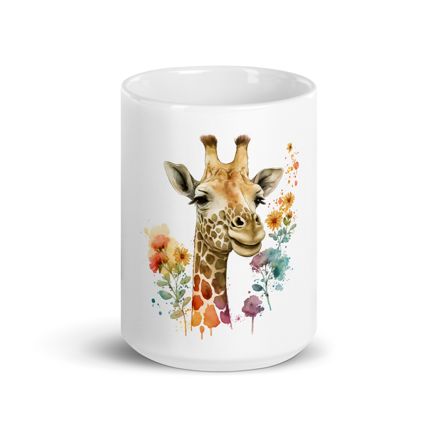 White glossy mug with giraffe