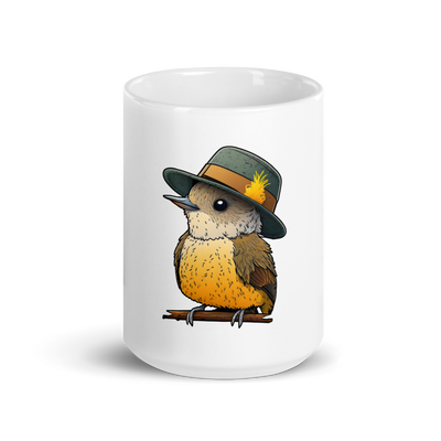 White glossy mug with a cute bird in a hat - Radiant Art of Radiant Group