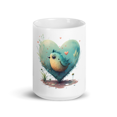White glossy mug with cute bird in the heart - Radiant Art of Radiant Group