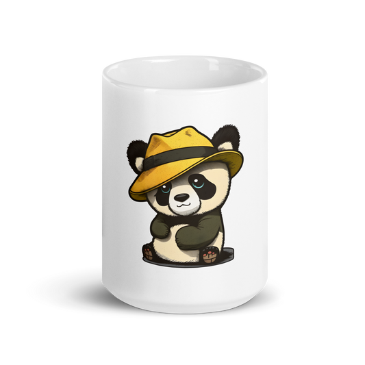 White glossy mug with cute panda in the hat