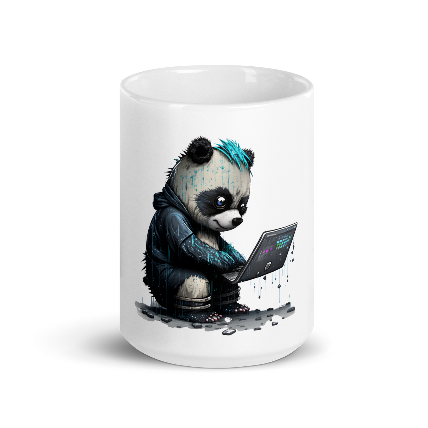 White glossy mug with panda-programmer, coder