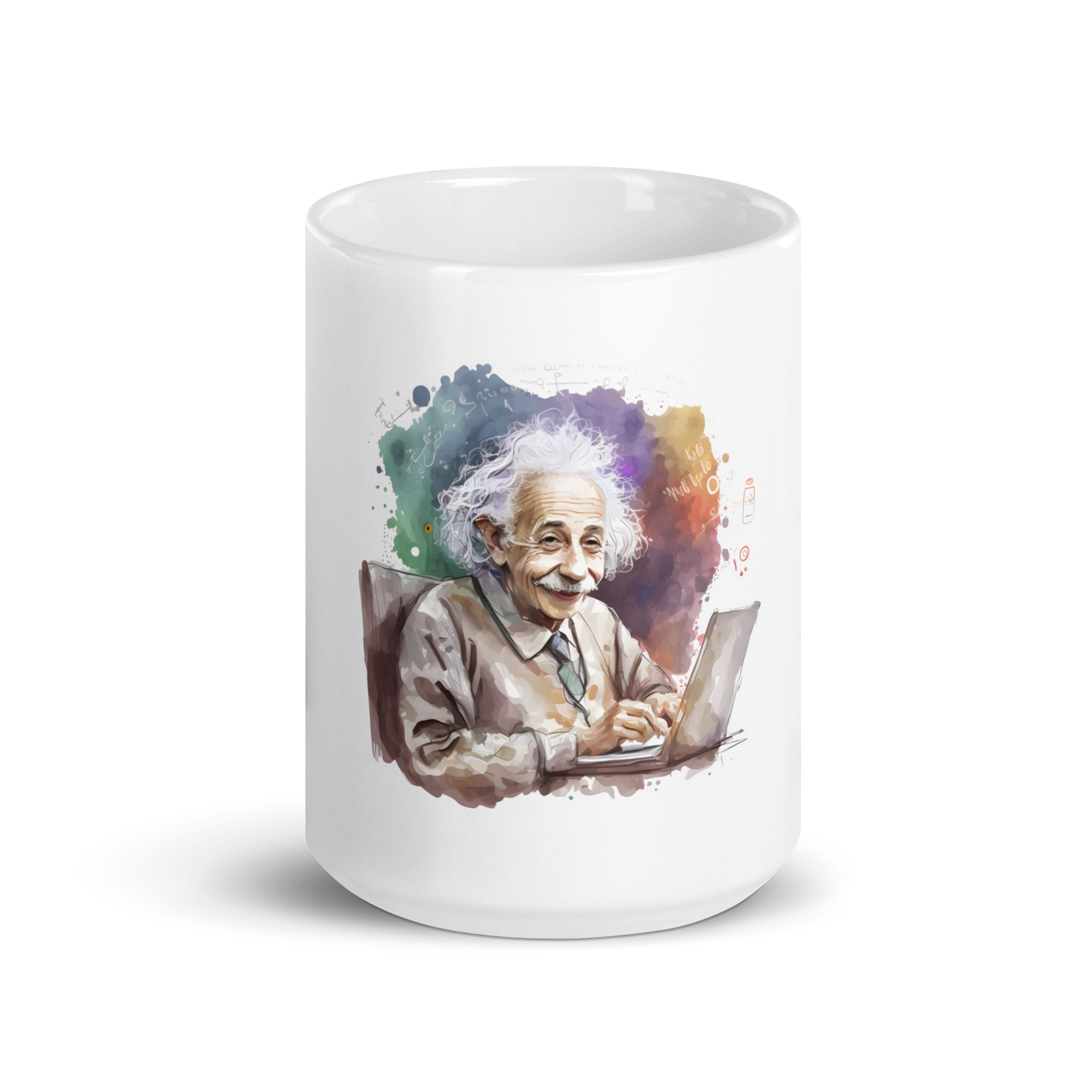 White glossy mug with happy Einstein-programmer