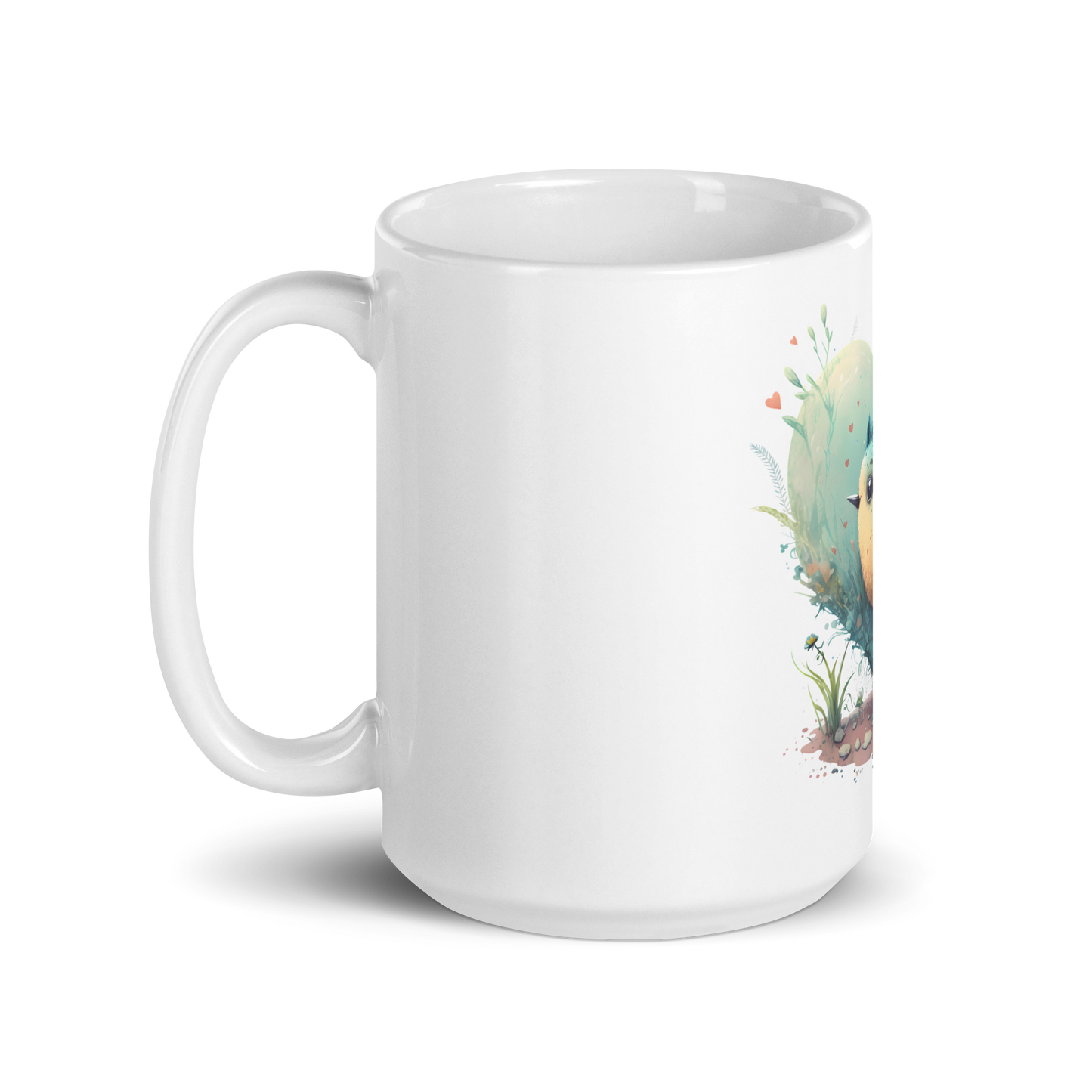 White glossy mug with cute bird in the heart