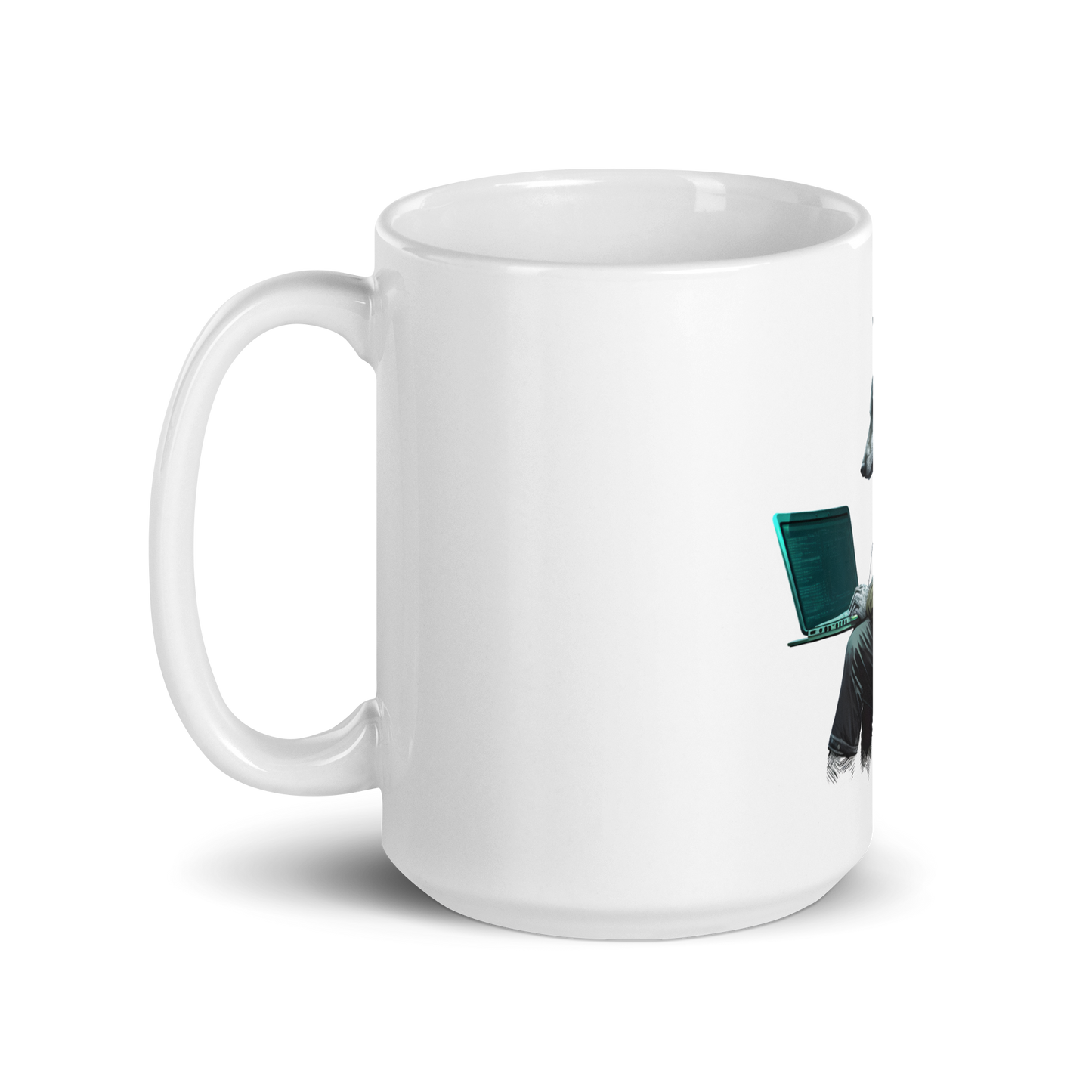 White glossy mug with wolf-programmer, hacker