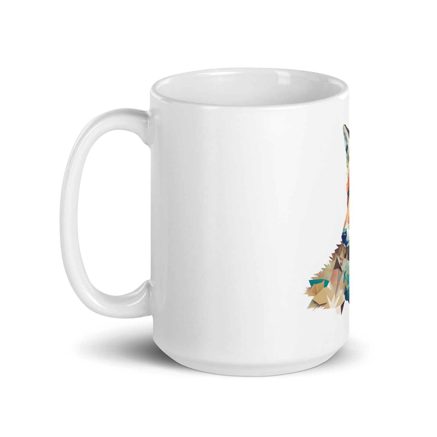 White glossy mug with fox in patchwork style