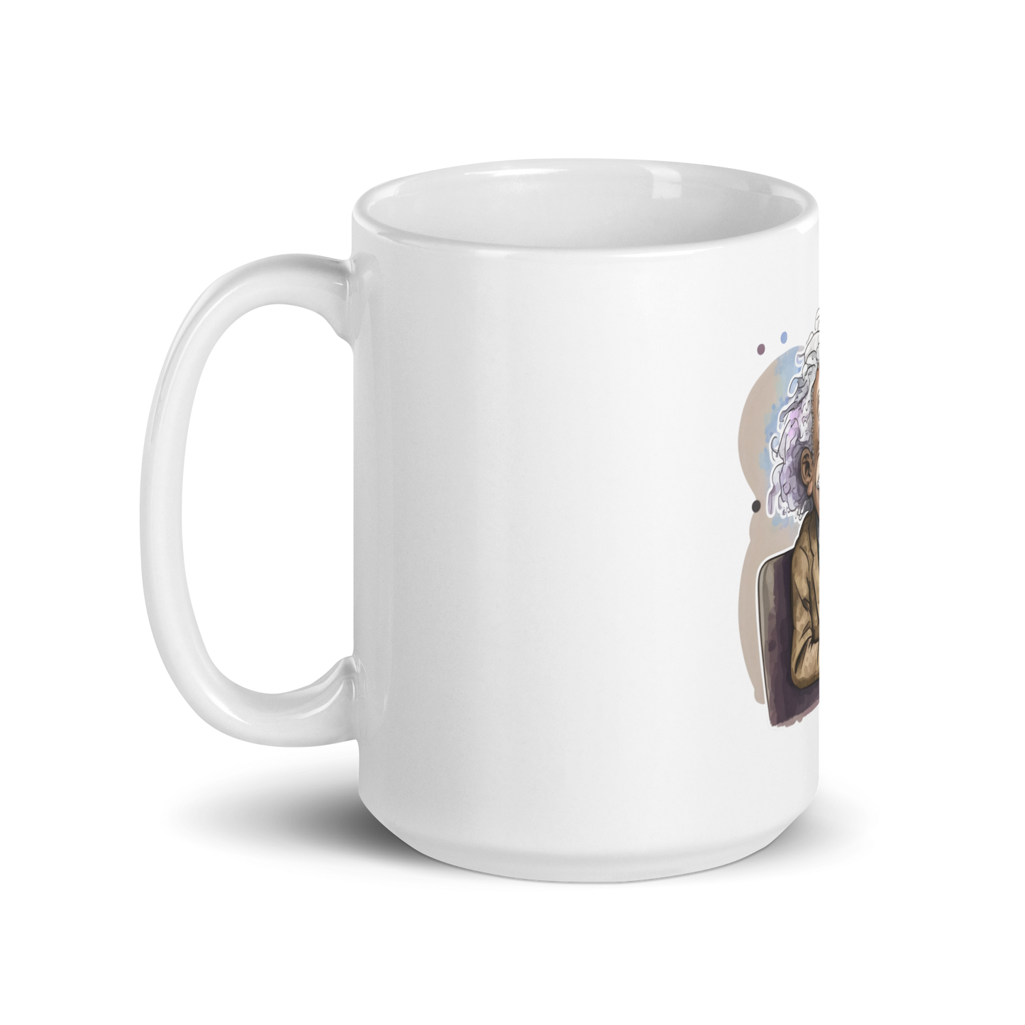 White glossy mug with happy Einstein-programmer