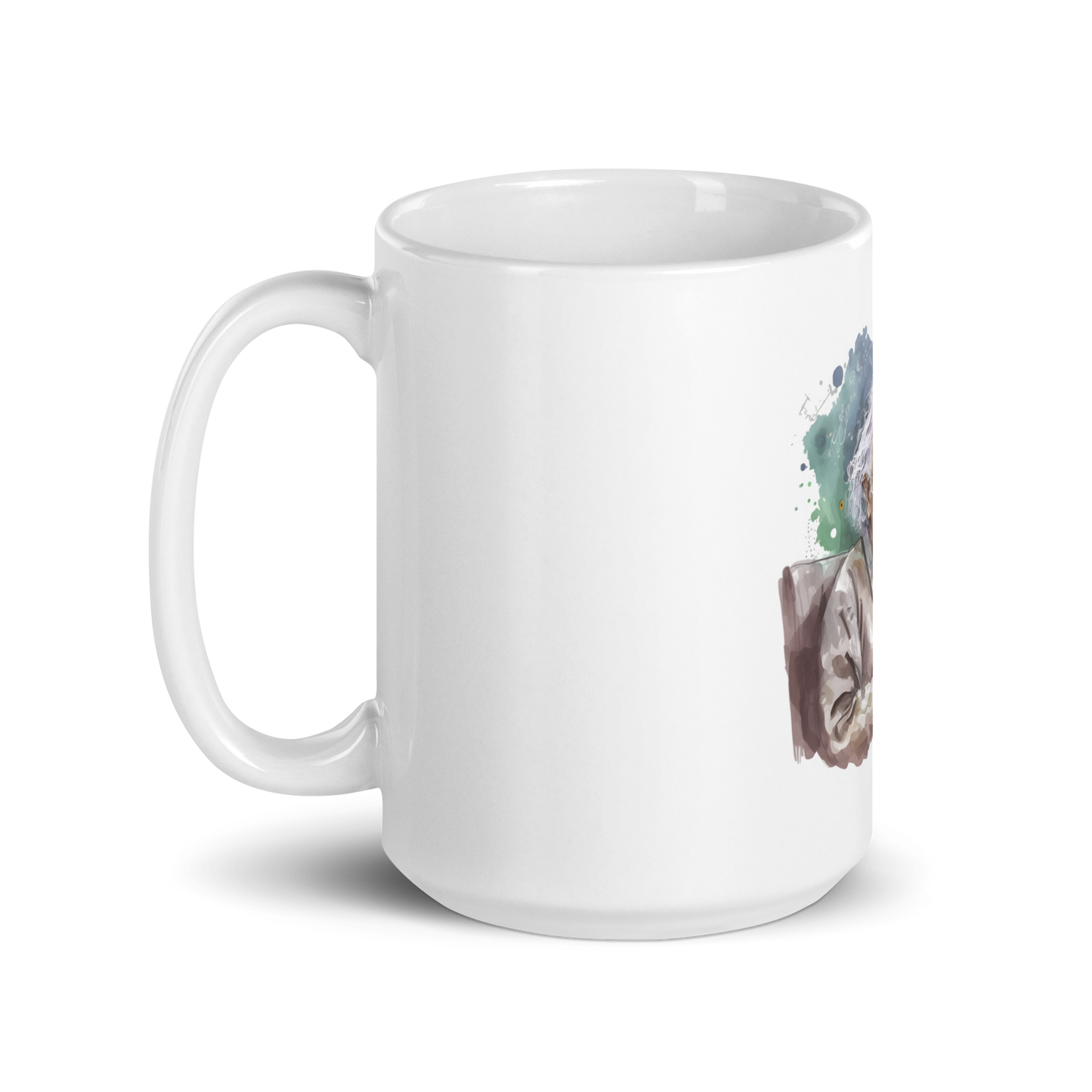 White glossy mug with happy Einstein-programmer