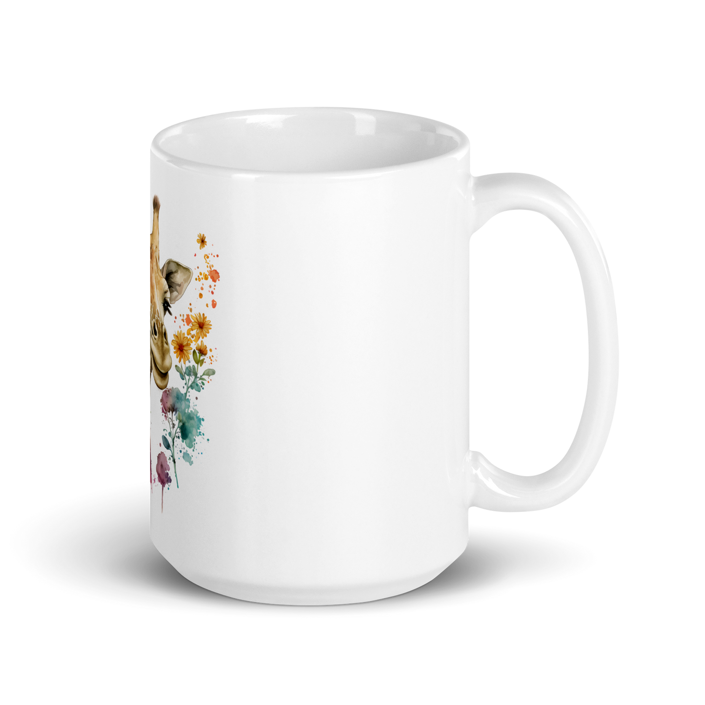 White glossy mug with giraffe