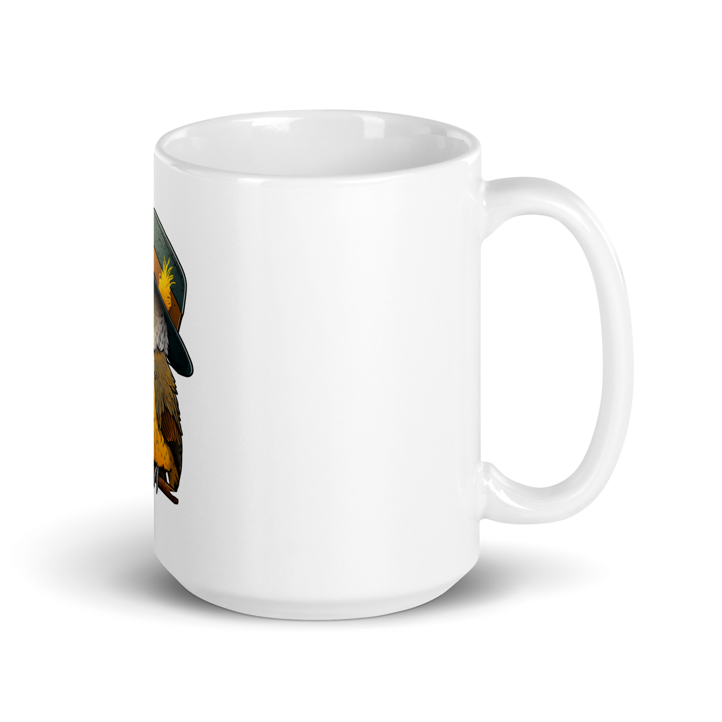 White glossy mug with a cute bird in a hat