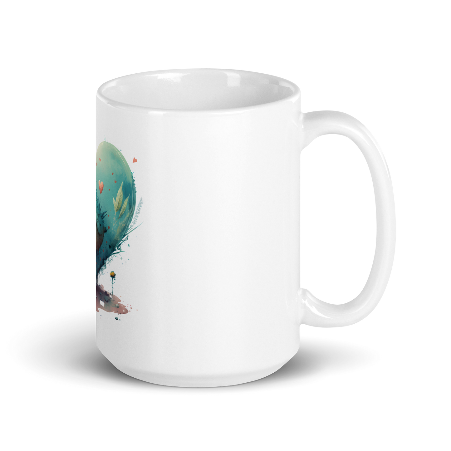 White glossy mug with cute bird in the heart