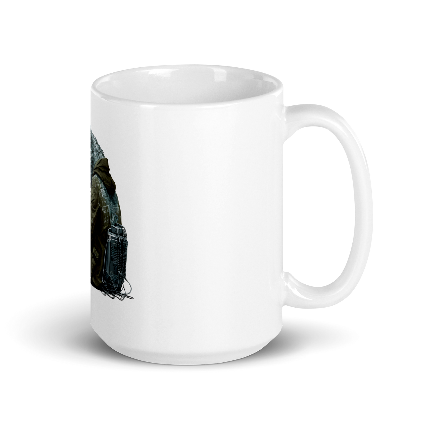 White glossy mug with wolf-programmer, hacker